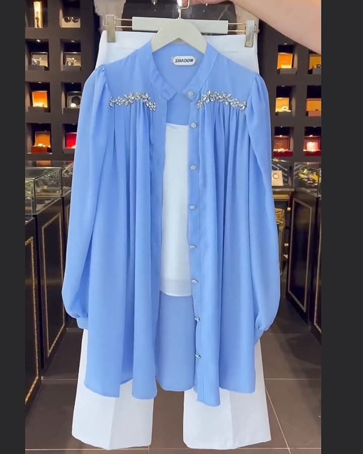 Sky Blue Crystal Embroidered 3-Piece drees