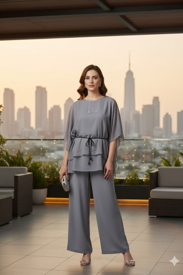 Grey Chiffon Cape Set with Drawstring Waist
