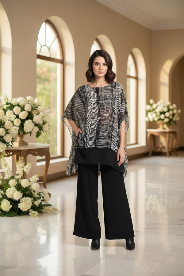 Black & White Printed Chiffon Layered Suit