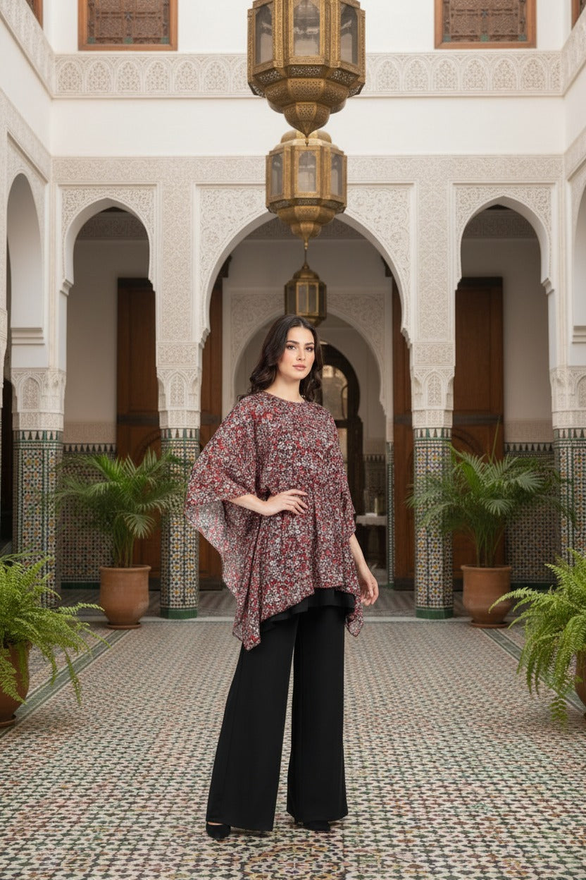 Rustic Rose Print Cape & Wide-Leg Trouser Set