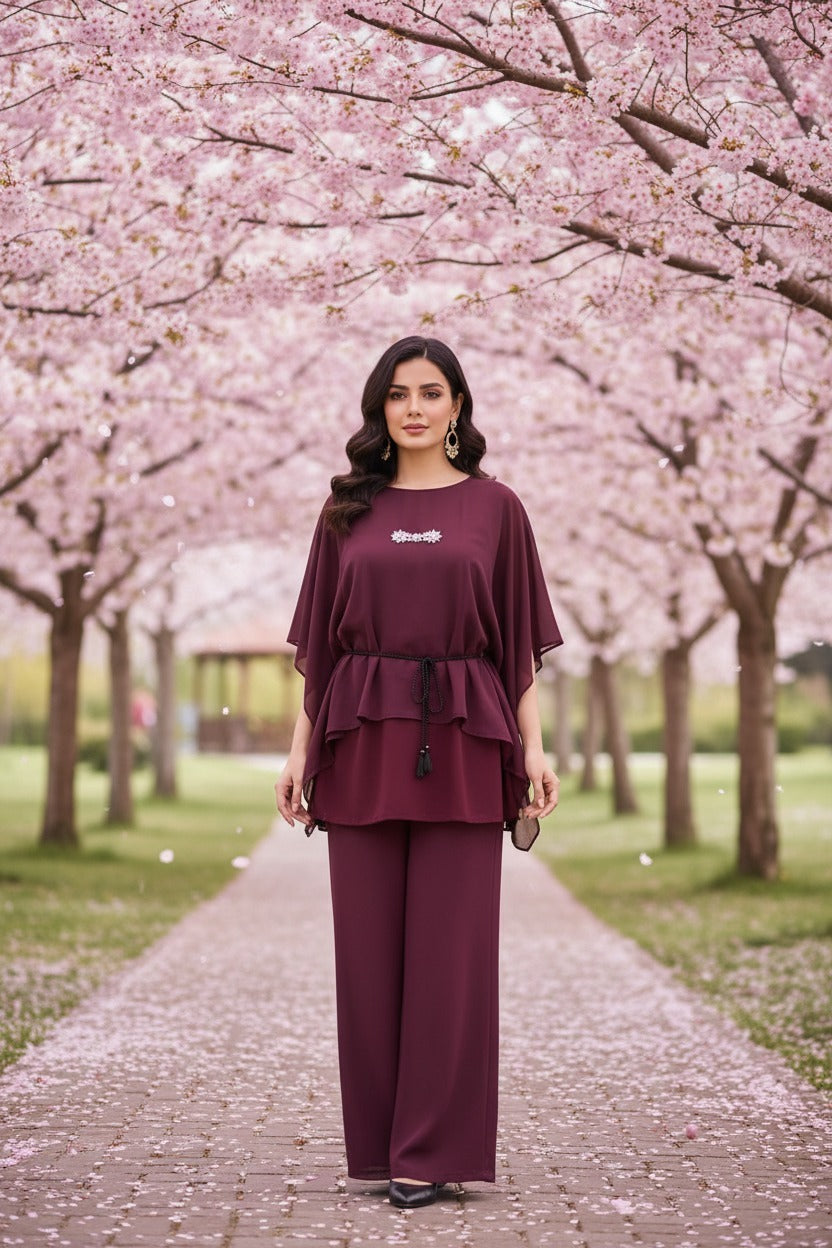 Plum Blossom 3-Piece Suit with Brooch Detail