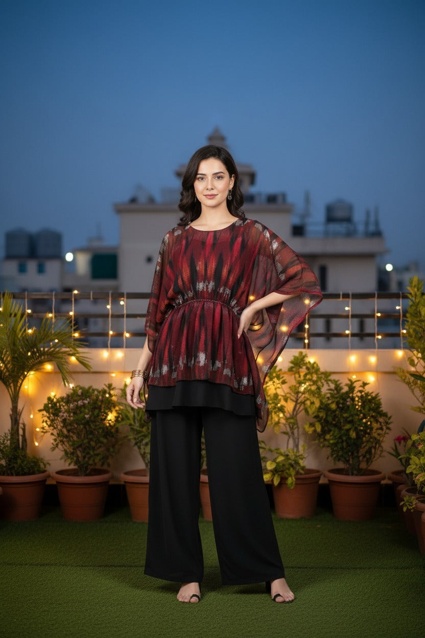 Crimson Ikat Print Chiffon Caps