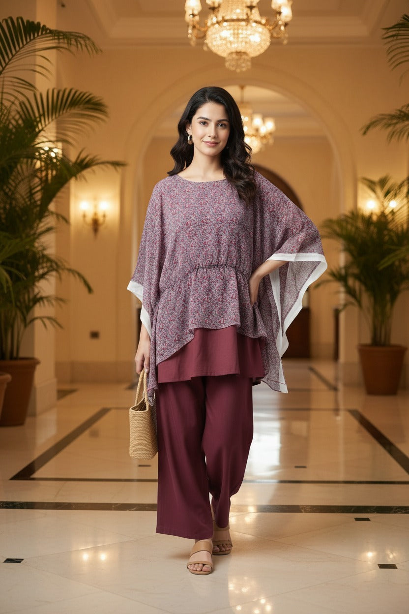 Lavender Floral Kaftan with Plum Wide-Leg Pants