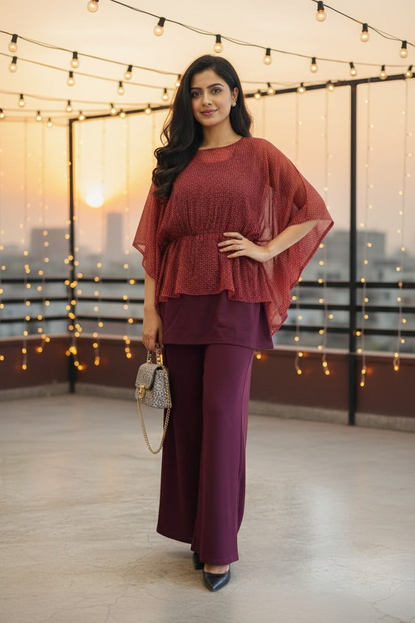 Terracotta Glitter Chiffon Cape & Wine Trouser Set