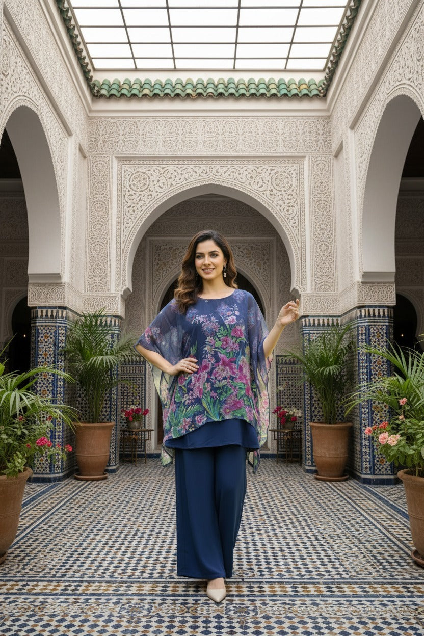 Teal Botanical Floral Kaftan Trouser Set