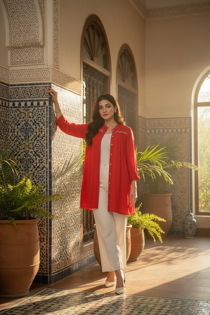 Premium Red & White 3-Piece Embroidered Ensemble