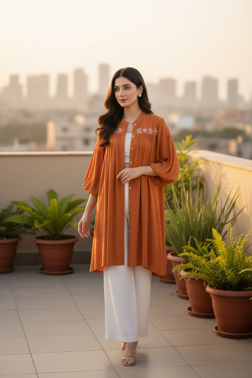 Embroidered Balloon Sleeve Cardigan 3 piece dress